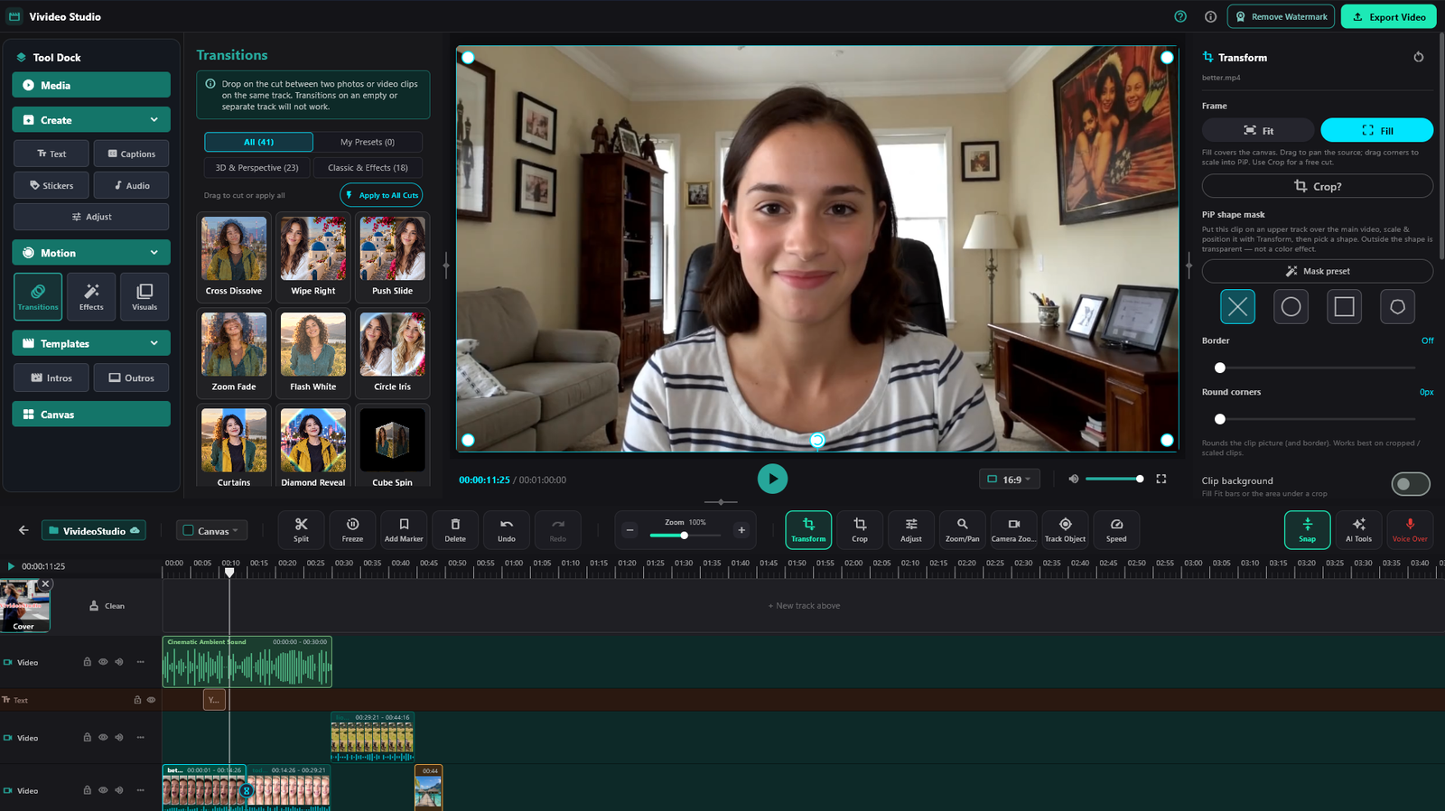 Vivideo Studio video editor showing transitions, a video preview and a multi-track timeline